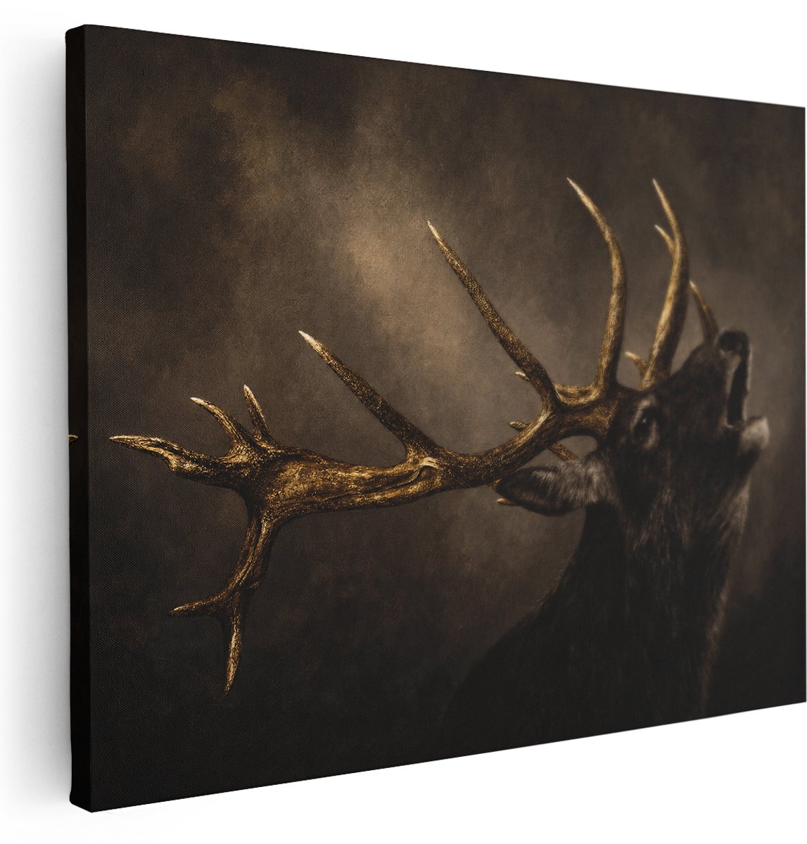 Artaza Canvas Schilderij Hert Goud Portret - Natuur - Klassiek - 160x120 cm - Groot - Klein - Wanddecoratie Woonkamer - Schilderijen - Muurdecoratie