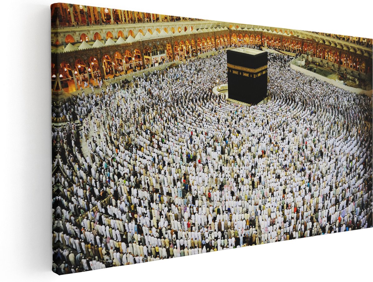 Artaza Canvas Schilderij Zwarte Steen in Mekka met Biddende Moslims - 180x90 cm - Groot - Wanddecoratie Woonkamer - Schilderijen - Muurdecoratie