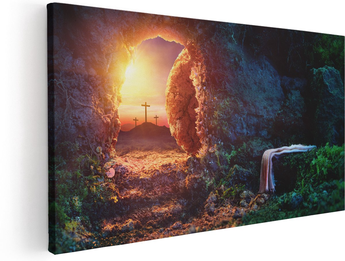 Artaza Canvas Schilderij Kruisiging bij Zonsopgang - Opstanding Jezus - 180x90 cm - Groot - Wanddecoratie Woonkamer - Schilderijen - Muurdecoratie