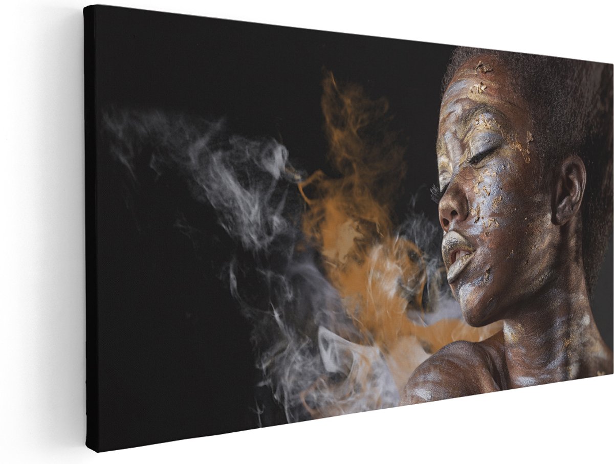 Artaza Canvas Schilderij Afrikaanse Vrouw Met Zilver En Goud - 180x90 cm - Groot - Wanddecoratie Woonkamer - Schilderijen - Muurdecoratie