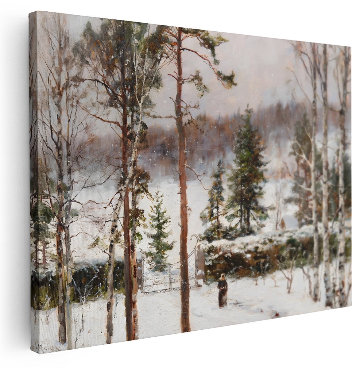 Artaza Canvas Schilderij Besneeuwd Bos - 160x120 cm - Groot - Wanddecoratie Winter Landschap - Muurdecoratie Vrouw Bij Hek - Schilderijen Op Canvas