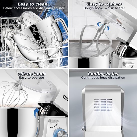 Keukenmachine - Mixer Deegmaker - Bakken en Mixen - Krachtige 1800W Motor - 7.2 Liter Kom - Zilver — afbeelding 3