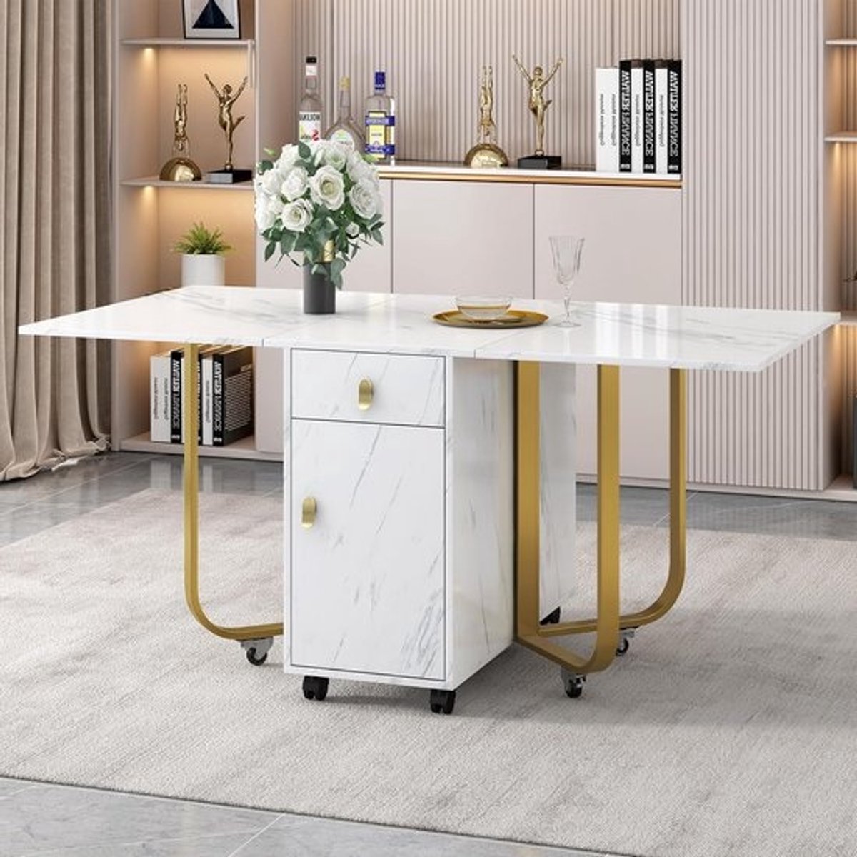 Klaptafel met Kast - Eettafel - Ruimte Besparen - Met Laden - 80 x 150 cm - Wit Goud