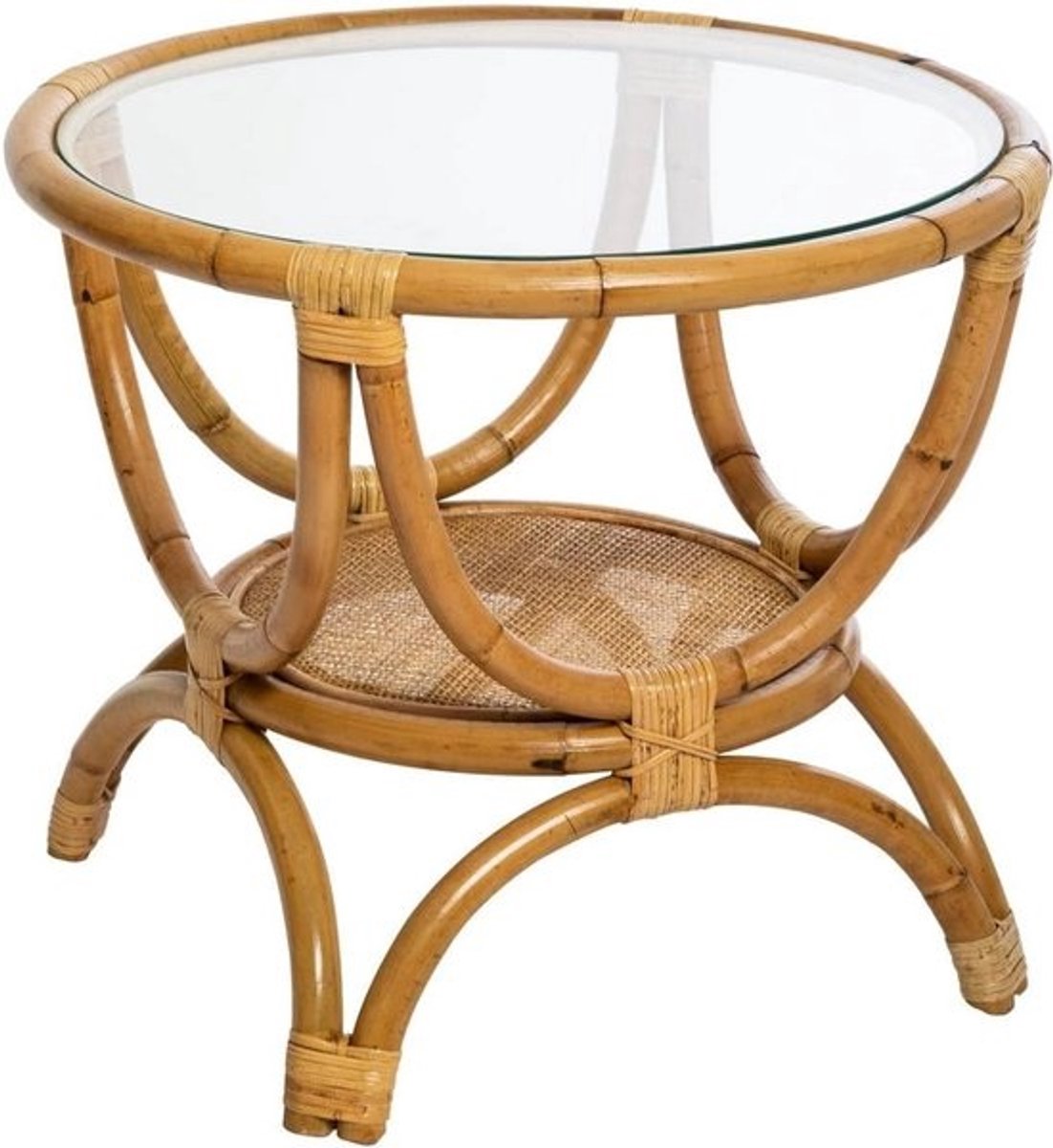 Ronde Bijzettafel van Rotan met Gehard Glazen Tafelblad, D 60 cm, Beige