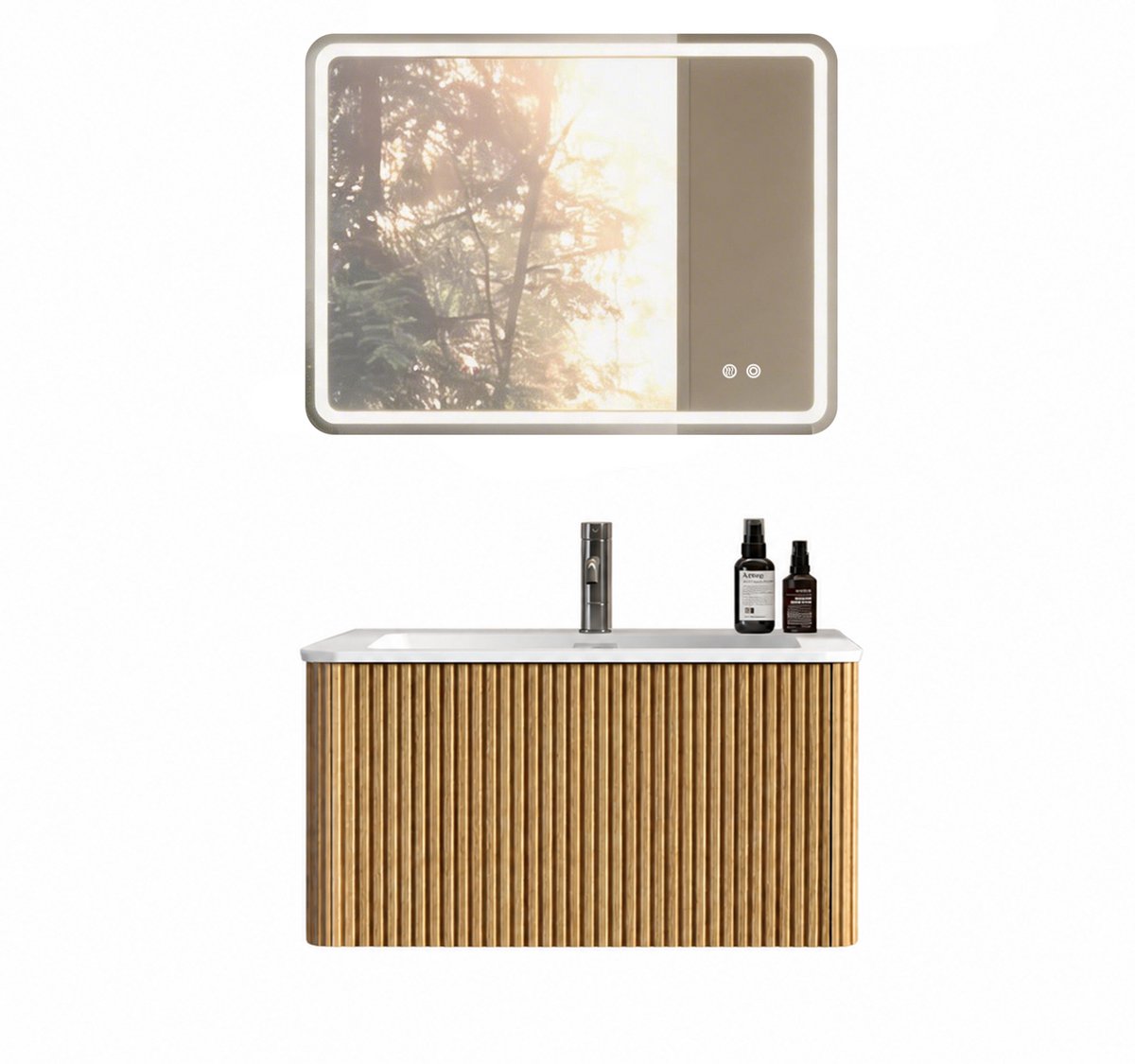 OKWISH Badmeubelset - Wandhangend Met LED Spiegel En Wastafelonderkast - Voor Kleine Badkamers - Houtkleur - Spiegel 60 x 80 cm