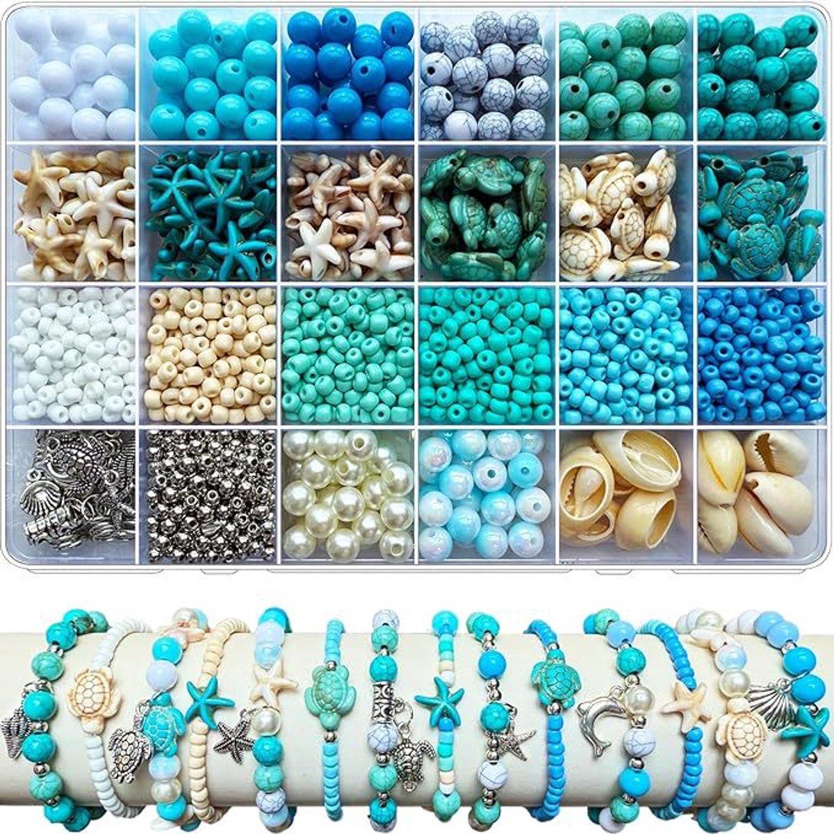 DIY Kralenset met 24 Vakjes – Losse Zaadkralen, Polymeerklei en Schelpen in Zomers Oceaan Thema, Voor Handgemaakte Armbanden en Sieraden