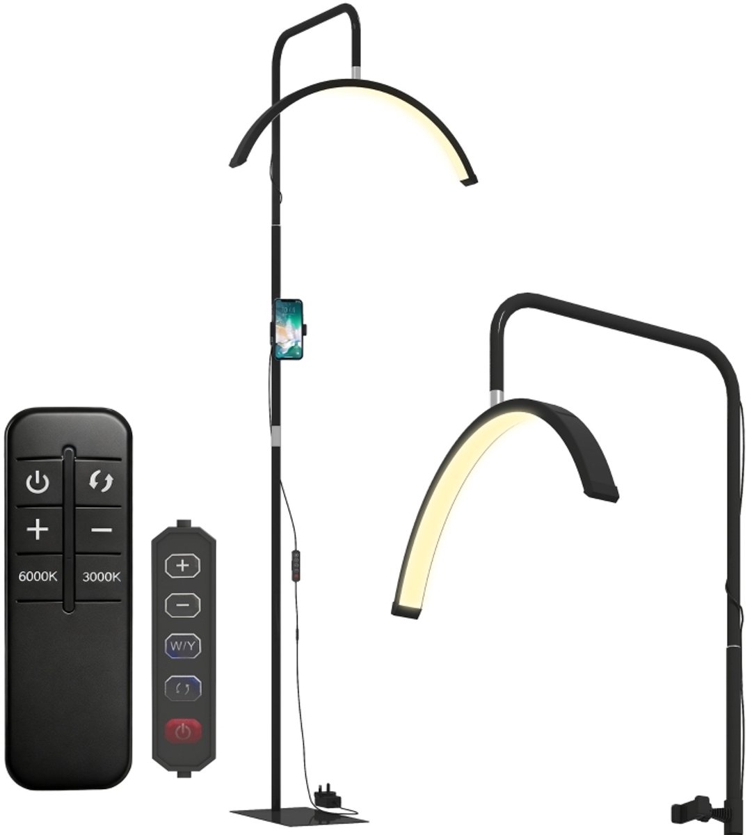 Vloerlamp‑LED‑halve maan‑350° roteerbaar‑dimbaar‑36 W‑7 kleurtemperaturen‑zwart