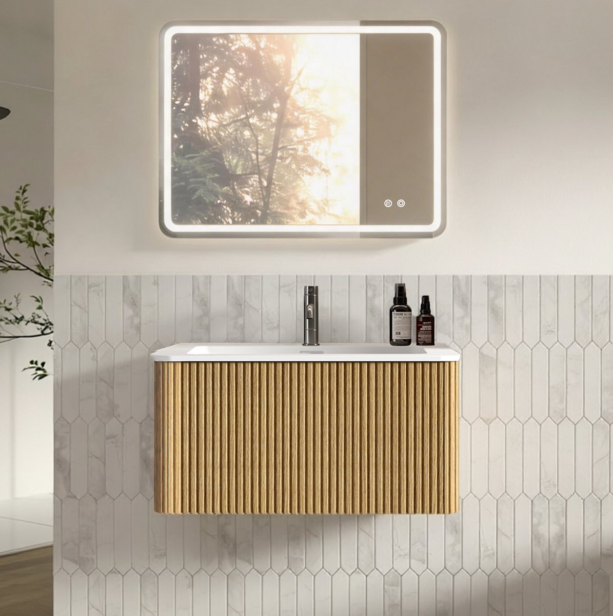 STILVORA Badkamermeubel - Wandhangend Met Led-Spiegel En Kunststenen Wastafel - Voor Moderne Badkamer - Houtlook - 80 Cm - Eikenkleur