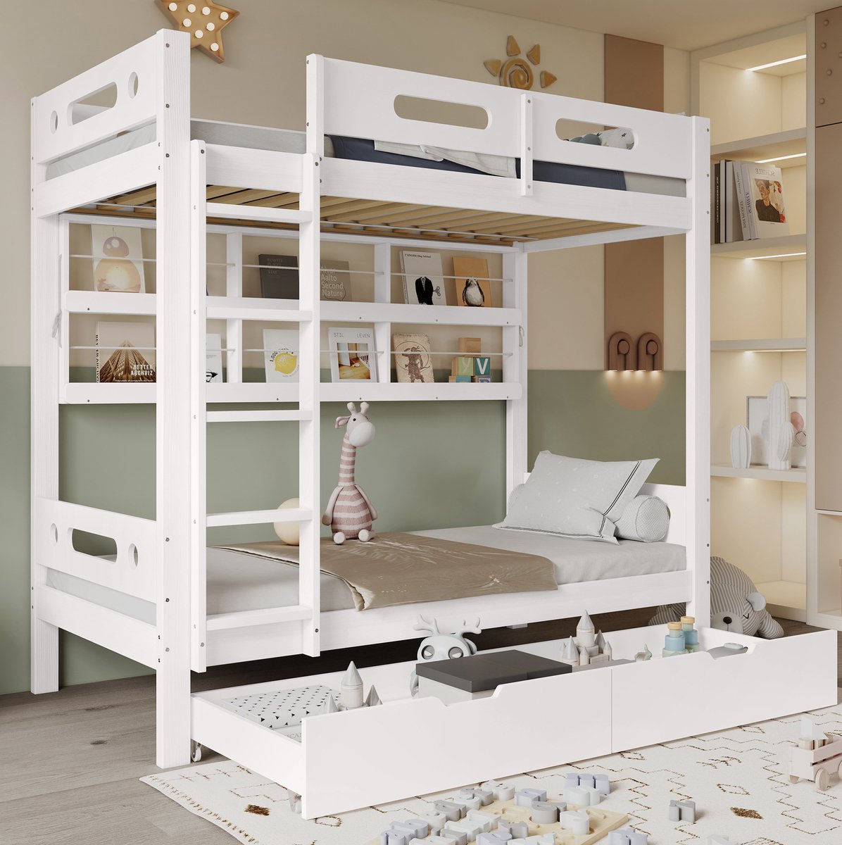 MODENUIT Stapelbed – Met 5-Treden Ladder En 2 Lades – 205 X 99,5 X 175 Cm – Hout En MDF – Wit – Kinderkamer