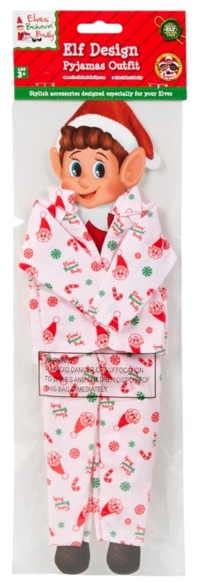Kerstpyjama voor elfen met elfjes en snoepstokken op een witte achtergrond.