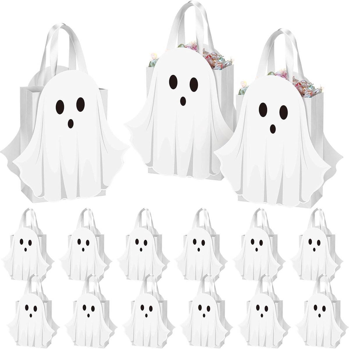 Halloween-snoepzak - 12 Stuks - Halloween Spook Cadeauzakjes - Met Handvat -Wit - Papieren Feesttasjes - Geschikt voor Traktaties en Cadeautjes - Herbruikbaar en Stevig - Vrolijk Ontwerp - Voor Kinderfeestjes - Decoratieve Verpakkingsaccessoires