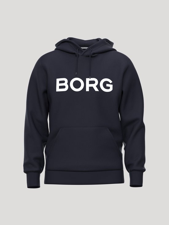 Donkerblauwe hoodie met grote witte letters 'BORG' op de voorkant en een kangoeroezak.