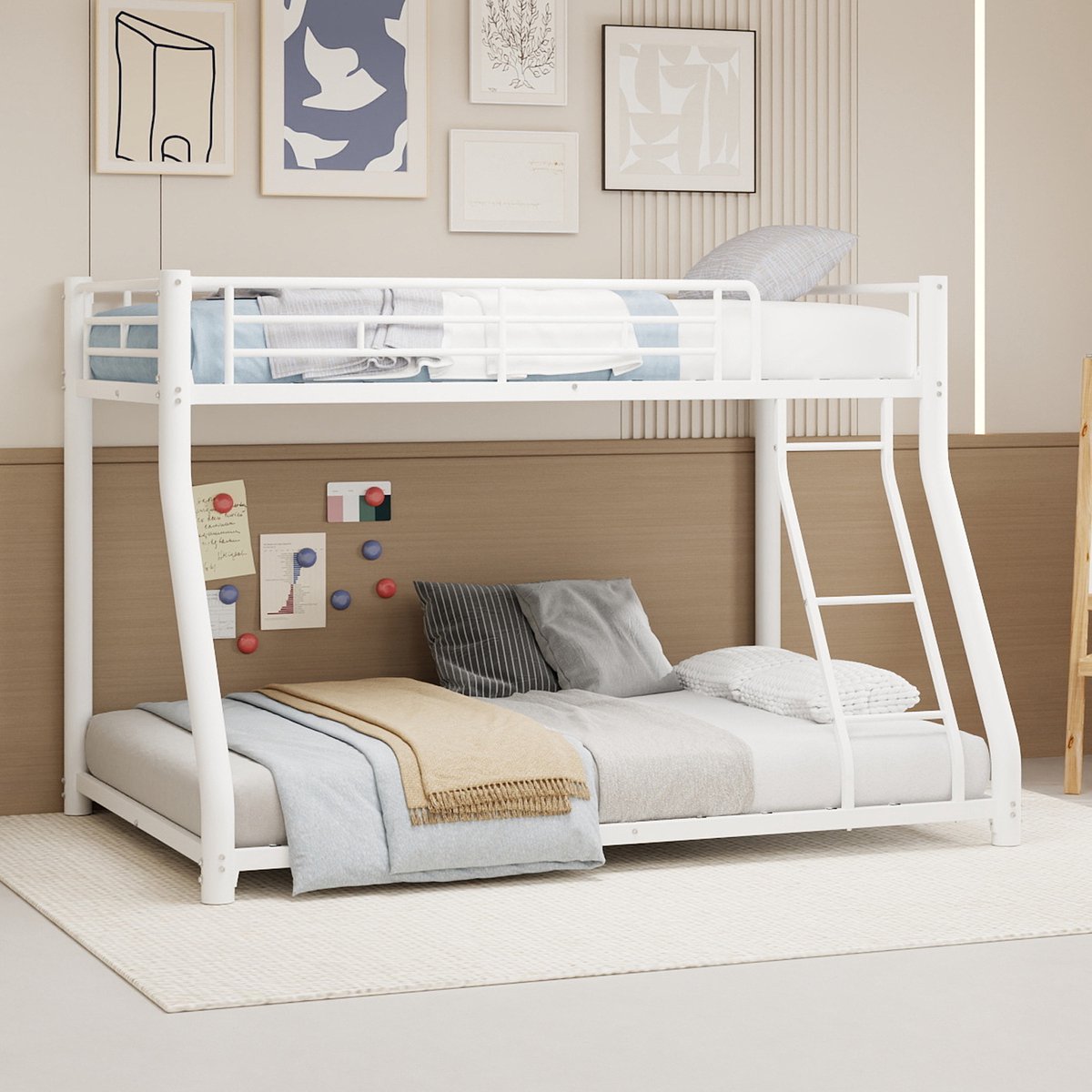 Stapelbed Metalen Bedframe – 196,6 x 146,6 x 139 cm – Wit – Met Ladder En Veiligheidshekken