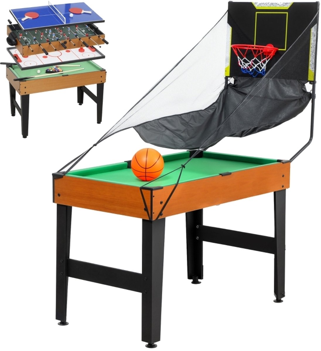 COVREO 5-in-1 multispeltafel 134 x 108 x 144 cm walnoot MDF - tafelvoetbal tafelhockey basketbal