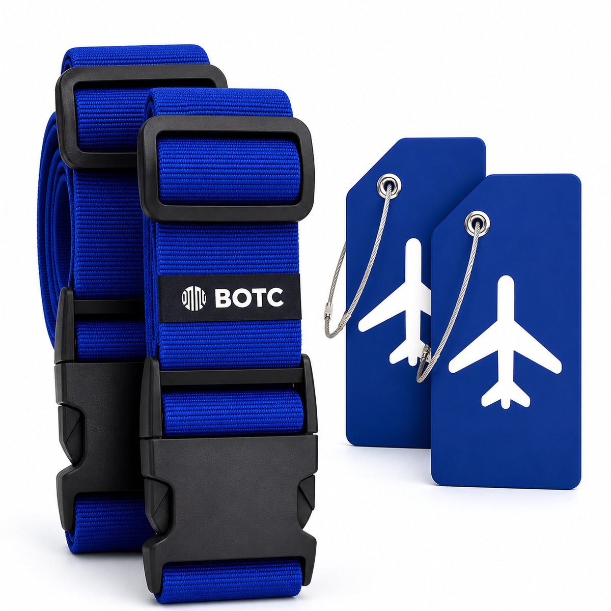 Bol.com BOTC Kofferriem met Kofferlabel - 4-Delig - 2 Kofferband en 2 Bagagelabel - bagageriemen - Bagageband - Verstelbaar - Blauw aanbieding