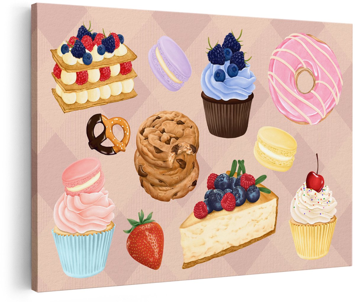 Artaza Canvas Schilderij Desserts - 150x100 cm - Groot - Wanddecoratie Cupcakes - Muurdecoratie Keuken - Decoratie Macarons Donut