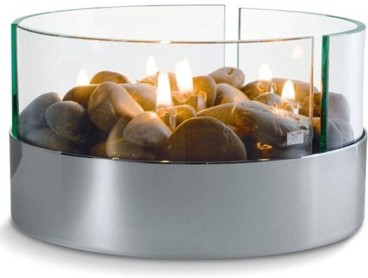 Tafel open haard rond met 5 vlammen - Romantische olielamp met kiezels - Design sfeerhaard