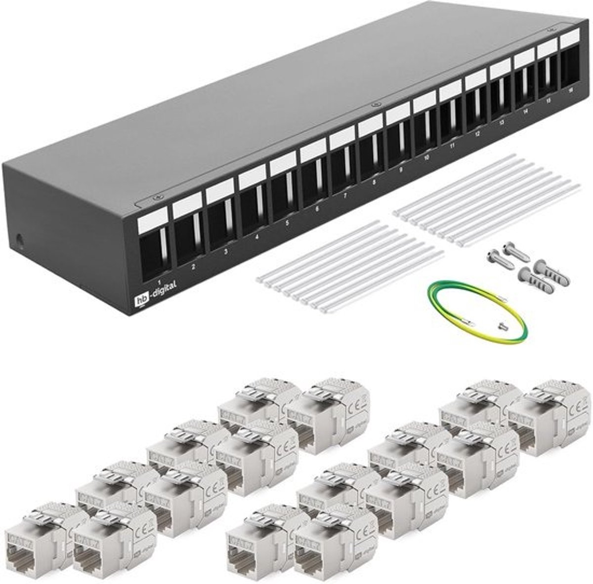 Patchpaneel 16 Poorts CAT7 RJ45 Keystone Modulair Afgeschermd 1U Netwerkverdeler