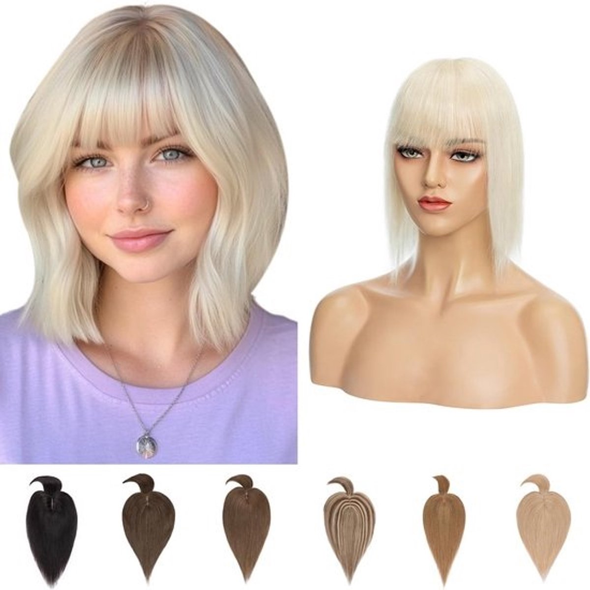 Echt Haar Clip-in Haartopper met Pony voor Dames - 45 cm Haarverlenging