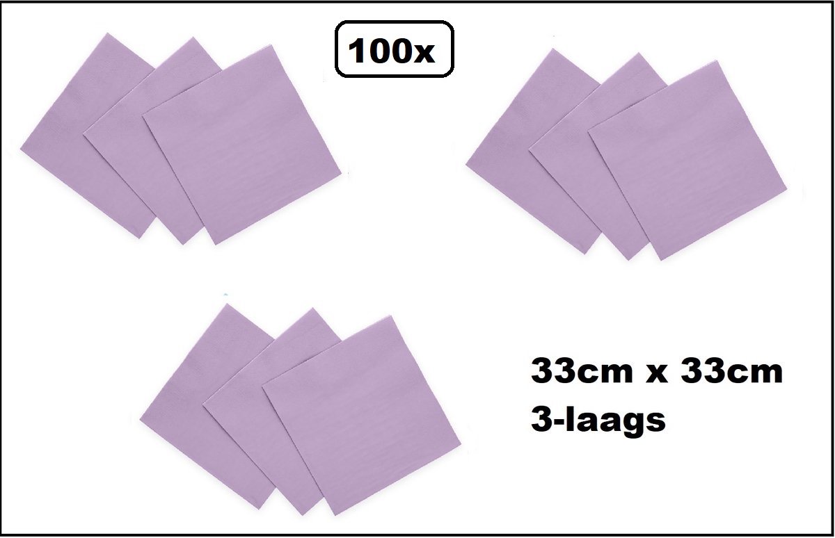 100 stuks Servetten lila 33cm x 33cm - 3 laags - Cocktail servet diner eten knoeien restaurant BBQ thema feest verjaardag feest
