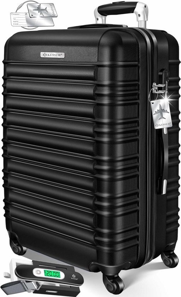 Harde Reis Koffer met Ingebouwde Weegschaal en Bagagelabel - Trolley Koffer met Combinatieslot en 4 Wielen, ABS Hardshell, Telescopische Handgreep, Zwart