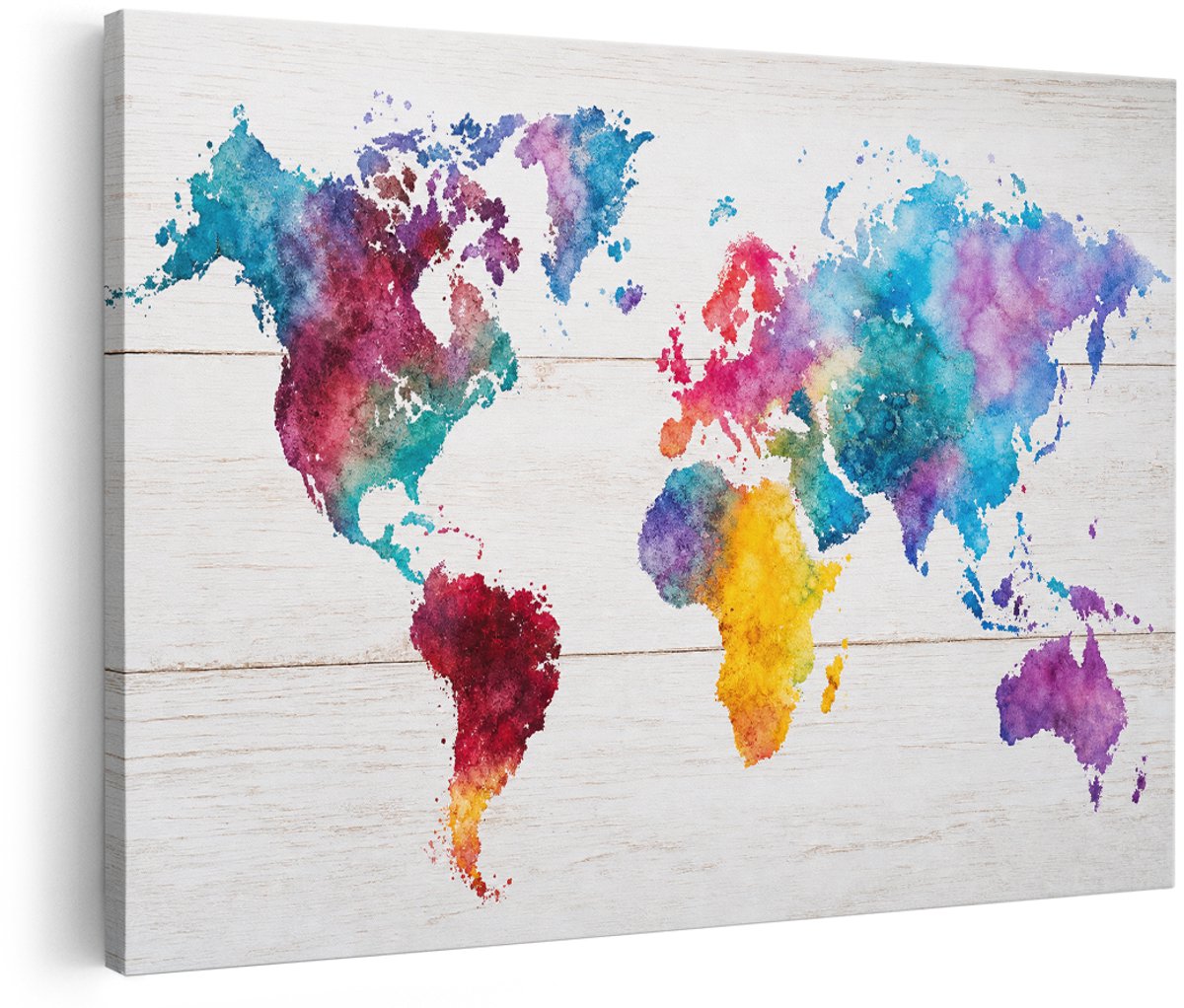 Artaza Canvas Schilderij Wereldkaart Aquarel - Multikleur Op Witte Achtergrond - 150x100 cm - Groot - Wanddecoratie Woonkamer - Schilderijen - Muurdecoratie