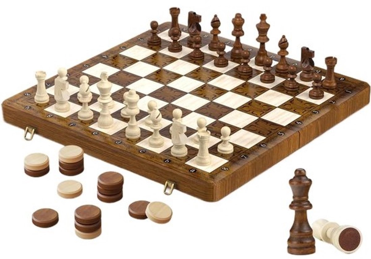 Houten Schaken Spel - Schaakbord Dammen - Reizen en Thuis - Magnetisch en Inklapbaar - 40 x 20 cm - Houtkleur