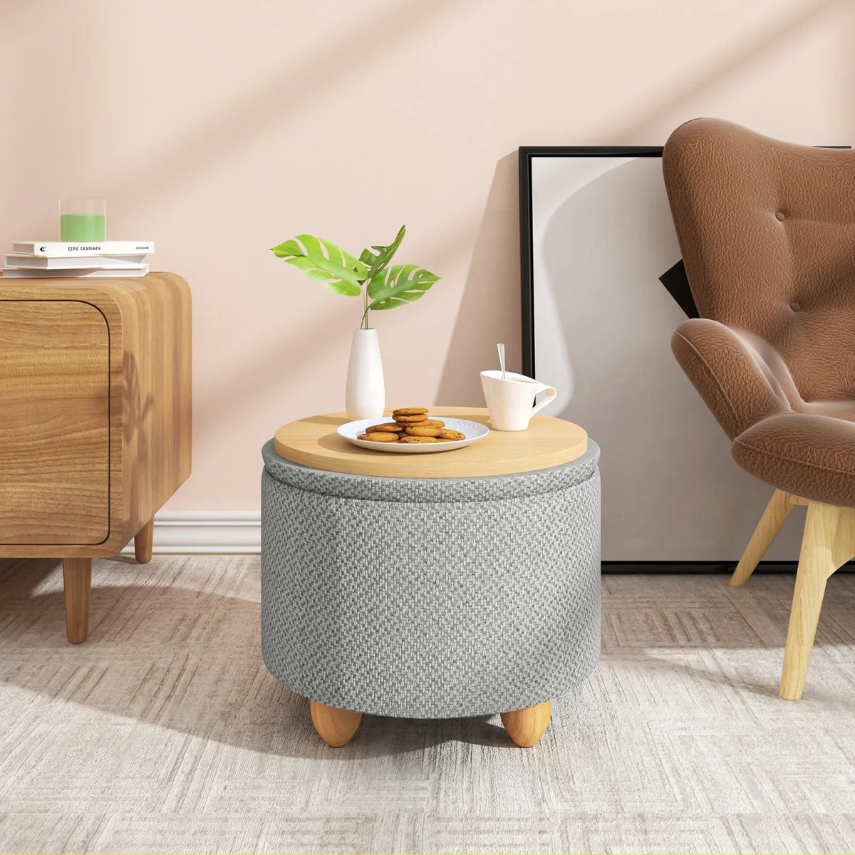 Klarven® Opbergpouf Donkergrijs - Afneembaar Houten Dienblad - 21,5 Liter Opbergruimte, Draagvermogen tot 300 kg - Ø 39 x H 33 cm