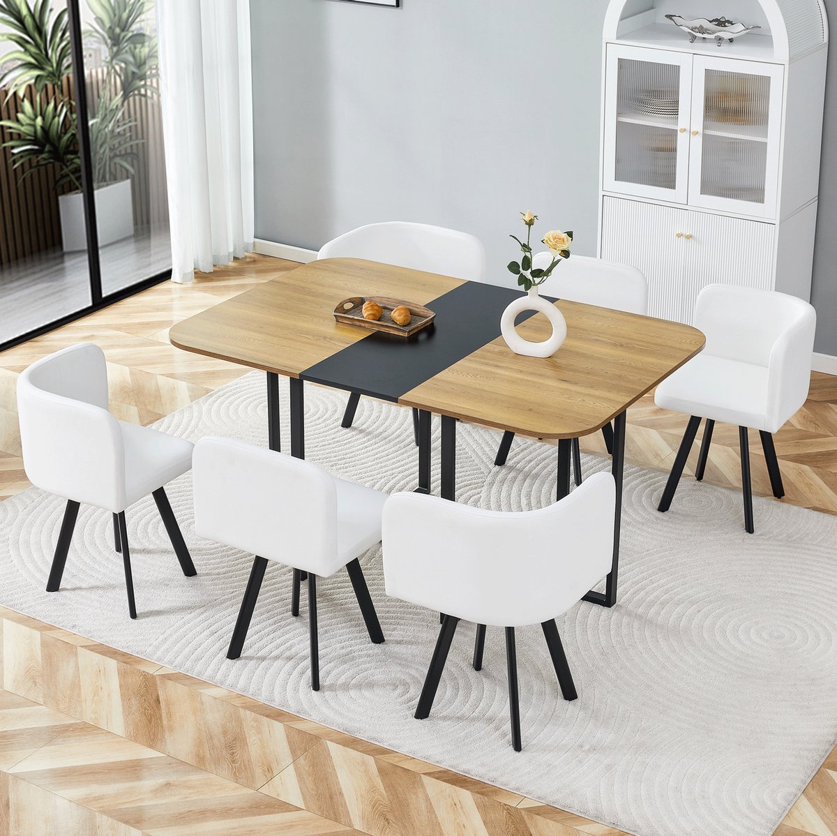 REDOM - Eettafelset - Uitschuifbare eettafel - Onder te schuiven stoelen - Modern - Keuken en woonkamer - Hout en metaal - Zwart en Natuurlijke houtkleur - 150 x 100 x 79 cm