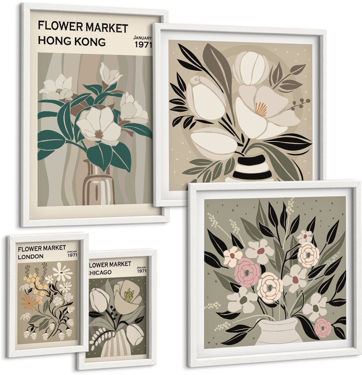 Wallfluent 5-Delige Schilderij Set - Bloemenbeurzen Uit Verschillende Steden In Retro- En Vintagestijl. - 50 x 50 cm, 20 x 30 cm En 40 x 60 cm - Decoratieve Schilderijen - Woonkamer - Interieur - Moderne Wanddecoratie