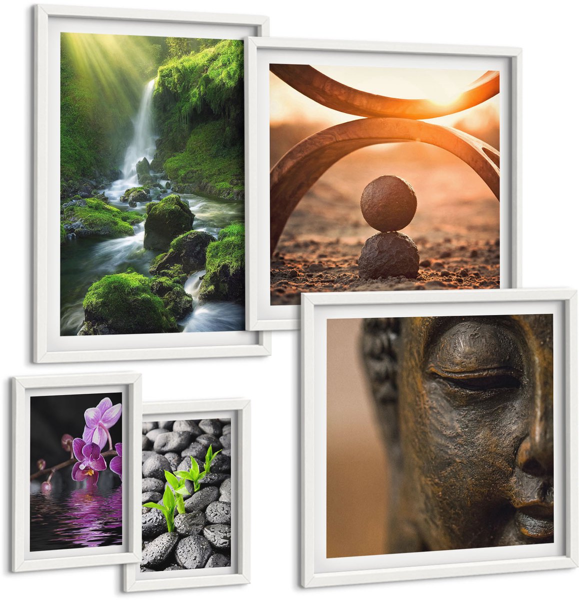 Wallfluent 5-Delige Schilderij Set - Harmonie Van Natuur En Rust In Een Minimalistische Stijl. - 50 x 50 cm, 20 x 30 cm En 40 x 60 cm - Moderne Wanddecoratie - Slaapkamer - Muurdecoratie