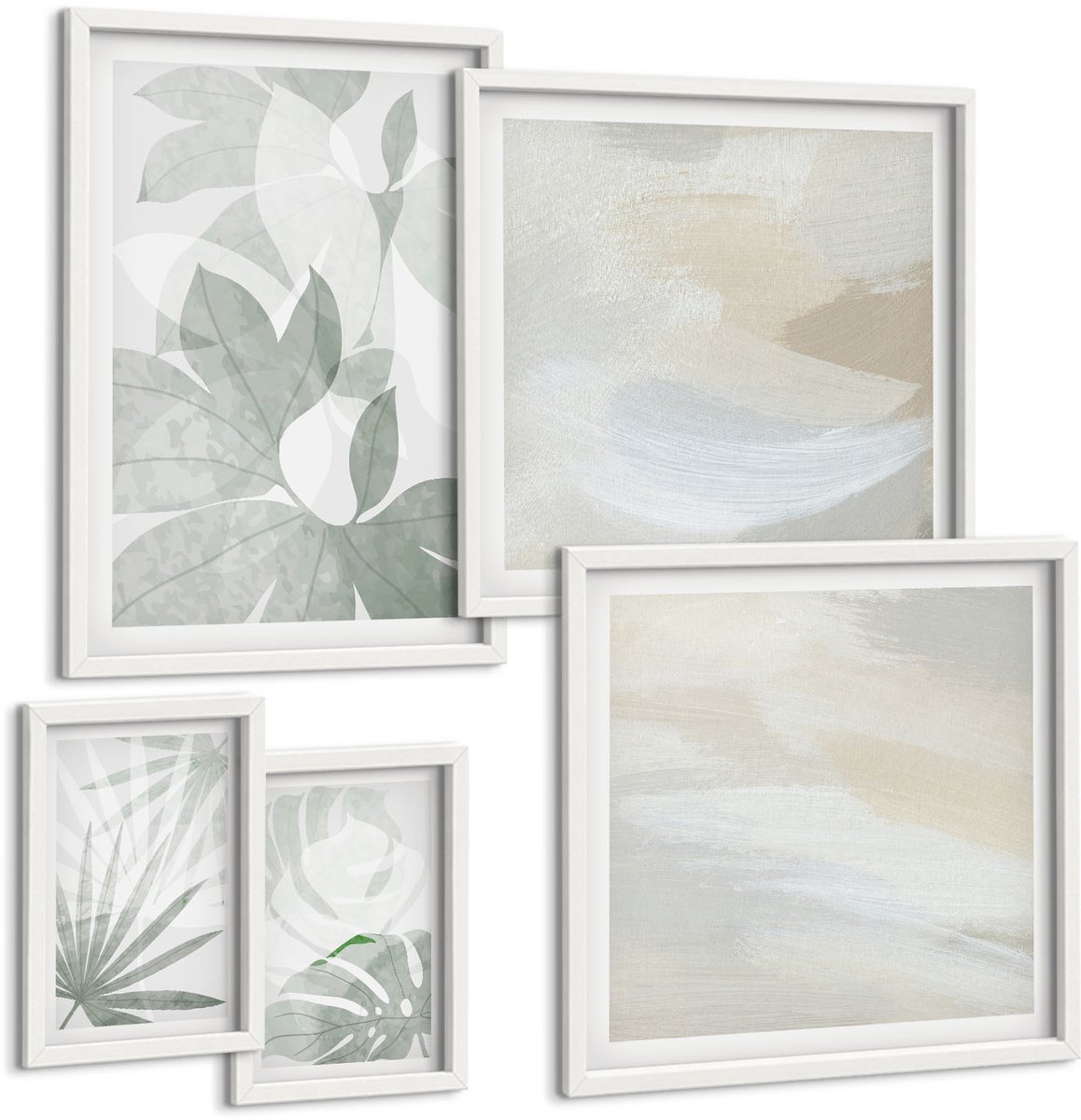 Wallfluent 5-Delige Schilderij Set - Plantmotieven In Ingetogen Grijs En Wit. - 50 x 50 cm, 20 x 30 cm En 40 x 60 cm - Muurdecoratie - Interieur Decoratie - Moderne Wanddecoratie