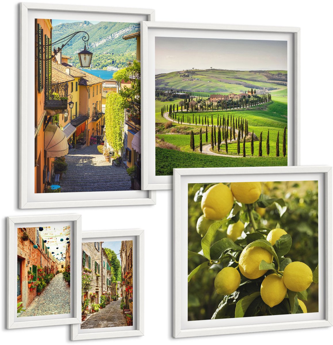 Wallfluent 5-Delige Schilderij Set - Charmante Straatjes En Pittoreske Landschappen Van Italië - 50 x 50 cm, 20 x 30 cm En 40 x 60 cm - Wanddecoratie - Muurdecoratie - Moderne Interieurdecoratie - Moderne Wanddecoratie