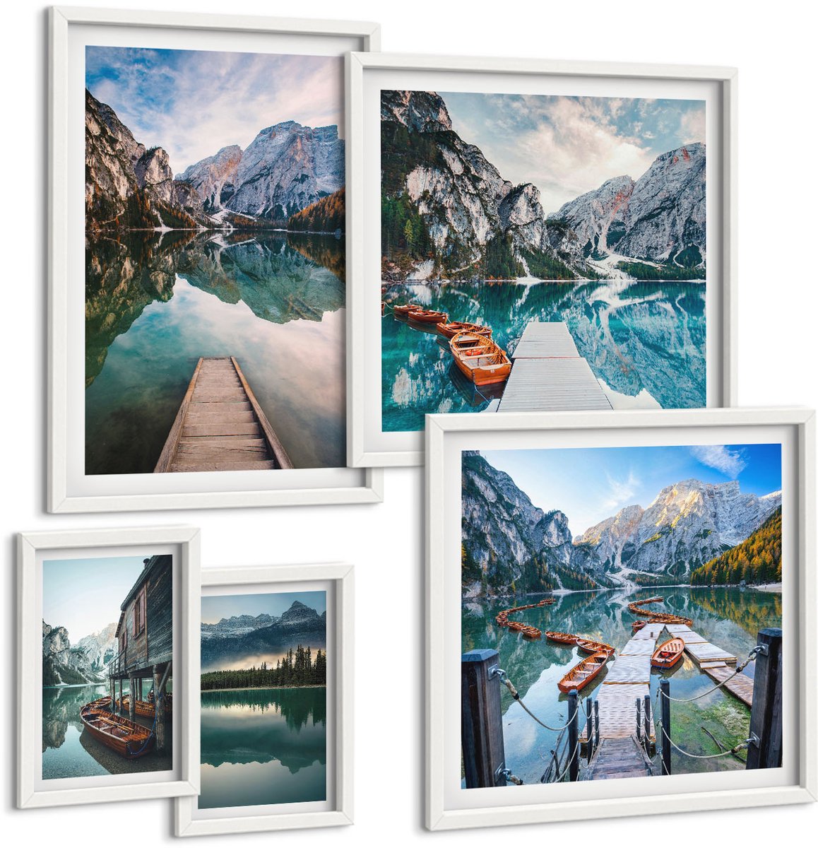 Wallfluent 5-Delige Schilderij Set - Bergmeren En Pittoreske Natuurgezichten - 50 x 50 cm, 20 x 30 cm En 40 x 60 cm - Muurdecoratie - Decoratieve Schilderijen - Wohnzimmer - Interieur Decoratie