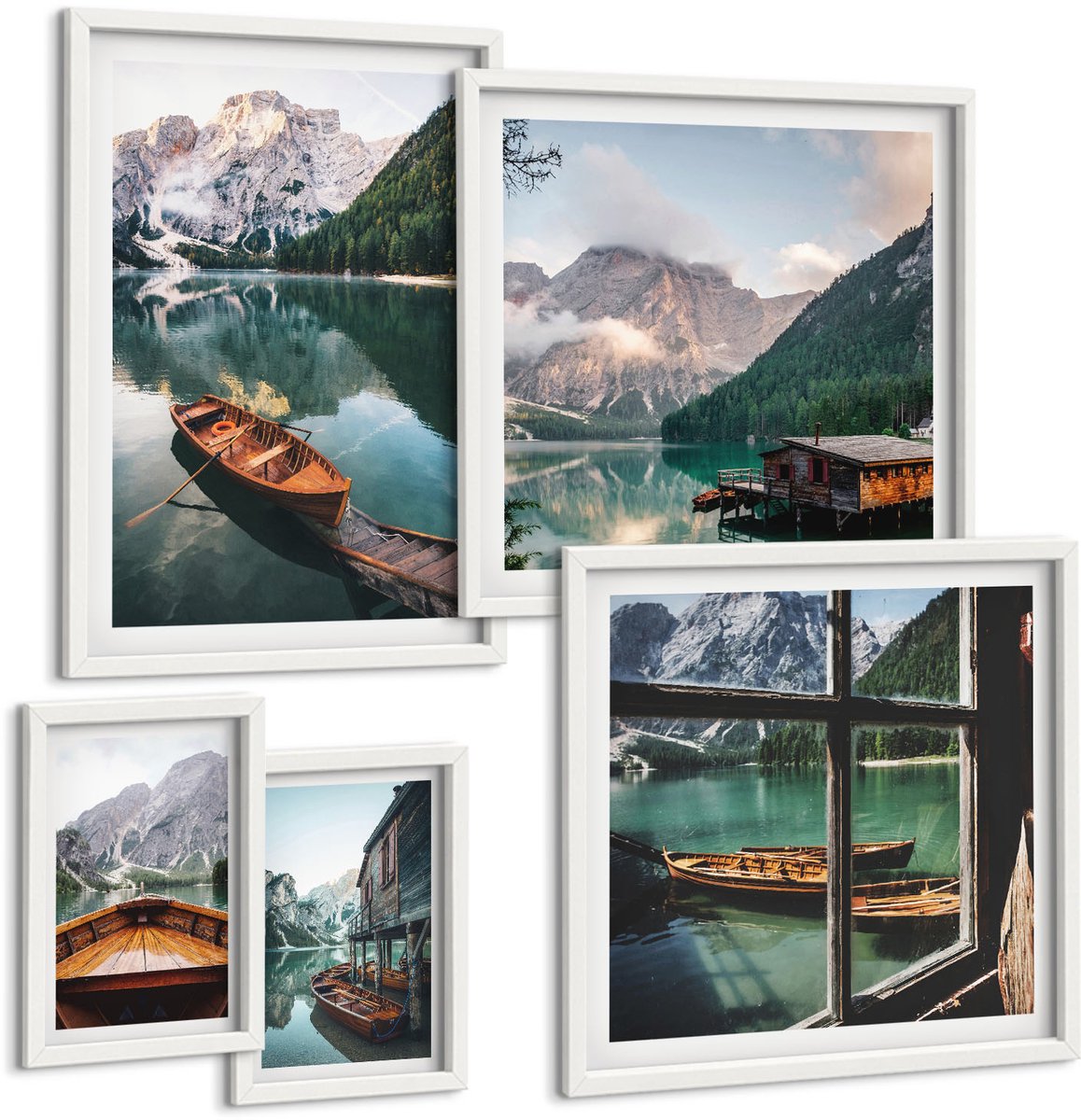 Wallfluent 5-Delige Schilderij Set - Rustige Meren En Berglandschappen Met Boten - 50 x 50 cm, 20 x 30 cm En 40 x 60 cm - Wanddecoratie - Moderne Interieurdecoratie - Decoratieve Schilderijen