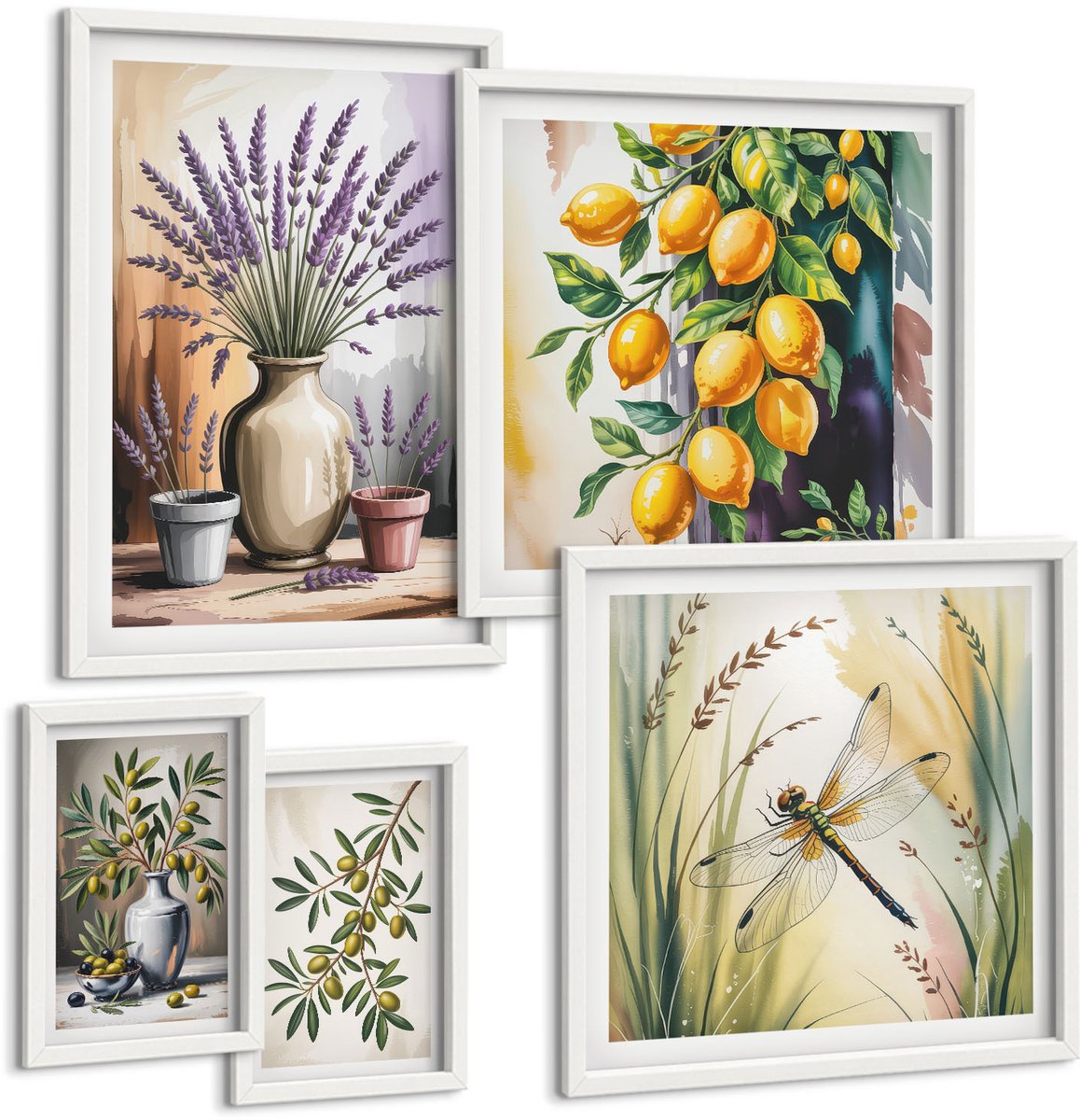 Wallfluent 5-Delige Schilderij Set - Bloemstukken In Rustieke Stijl Met Olijven En Citroenen - 50 x 50 cm, 20 x 30 cm En 40 x 60 cm - Muurdecoratie - Wanddecoratie - Hal