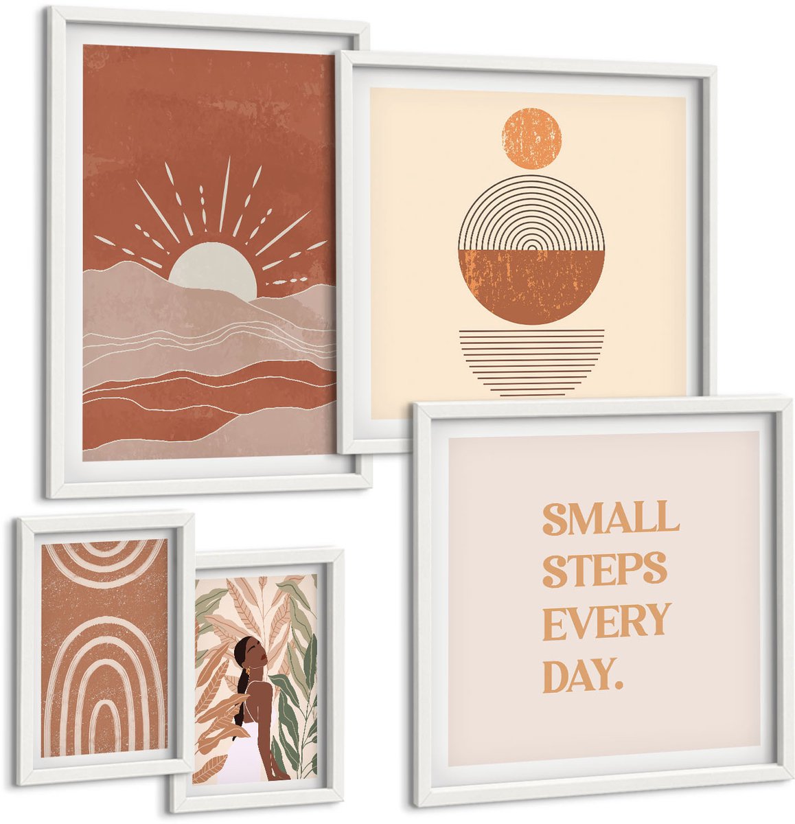 Wallfluent 5-Delige Schilderij Set - Boho-Stijl Met Natuurlijke Inspiratie En Positieve Slogans - 50 x 50 cm, 20 x 30 cm En 40 x 60 cm - Wanddecoratie - Woonkamer Decoratie - Decoratieve Schilderijen