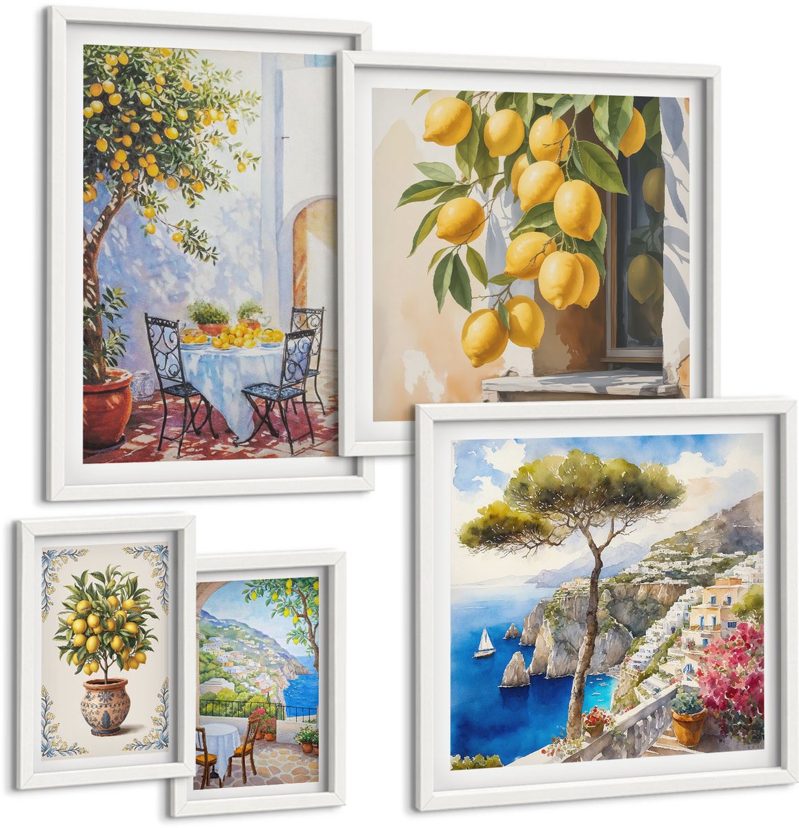 Wallfluent 5-Delige Schilderij Set - Citrusinspiratie In Een Zonnige Mediterrane Stijl - 50 x 50 cm, 20 x 30 cm En 40 x 60 cm - Stijlvolle Muurdecoratie - Slaapkamer