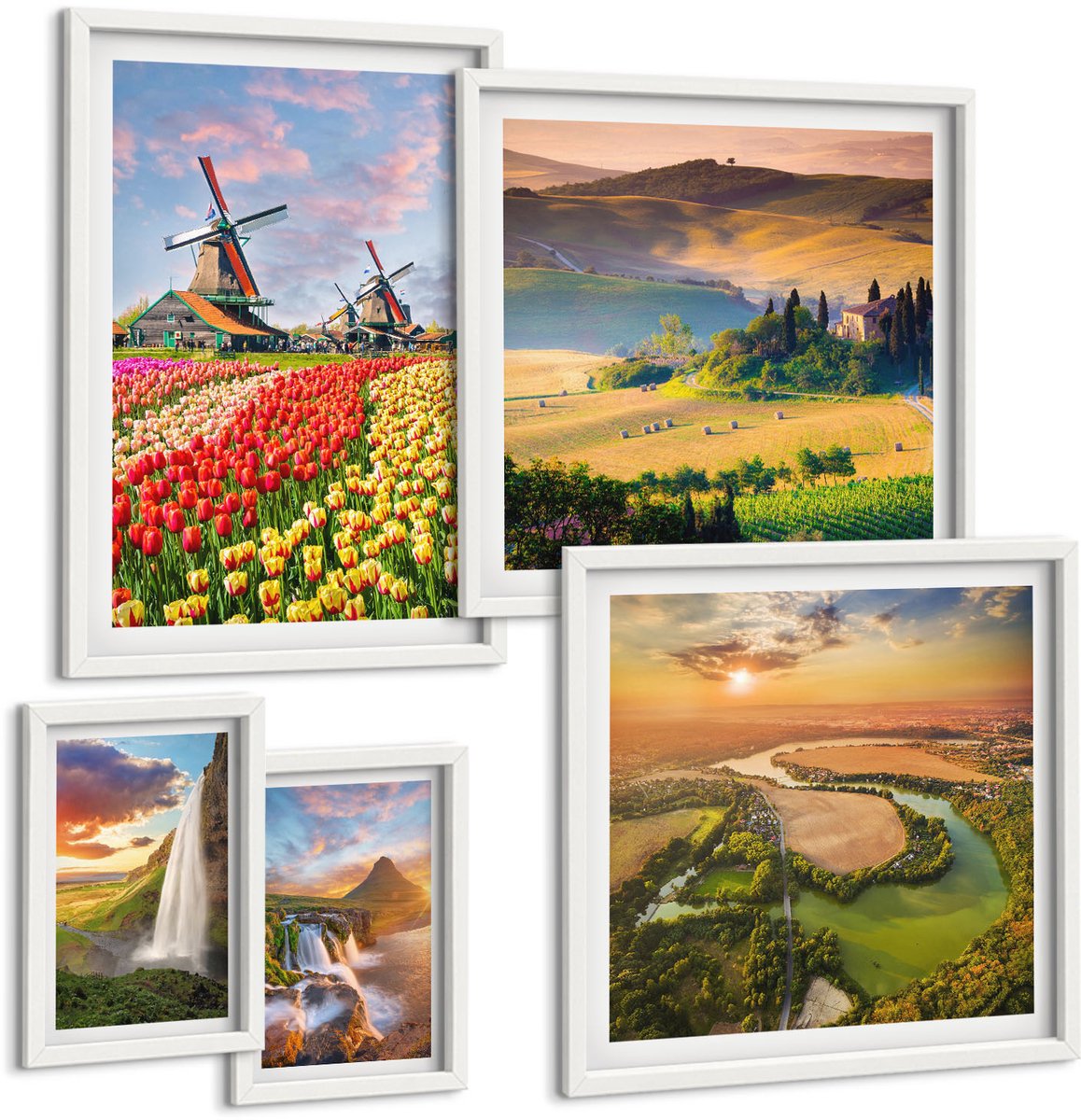 Wallfluent 5-Delige Schilderij Set - Natuurlijke Landschappen Met Watervallen En Windmolens Op De Achtergrond. - 50 x 50 cm, 20 x 30 cm En 40 x 60 cm - Wanddecoratie - Schilderijen Set - Interieur - Stijlvolle Muurdecoratie