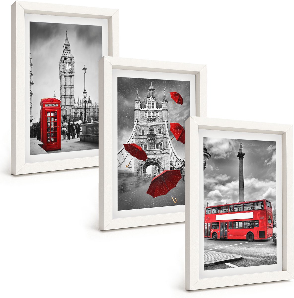 Wallfluent 3-Delige Schilderij Set - Uitzicht Op Londen Met Een Rode Paraplu En Een Bus. - 20 x 30 - Wanddecoratie - Muurdecoratie - Moderne Interieurdecoratie