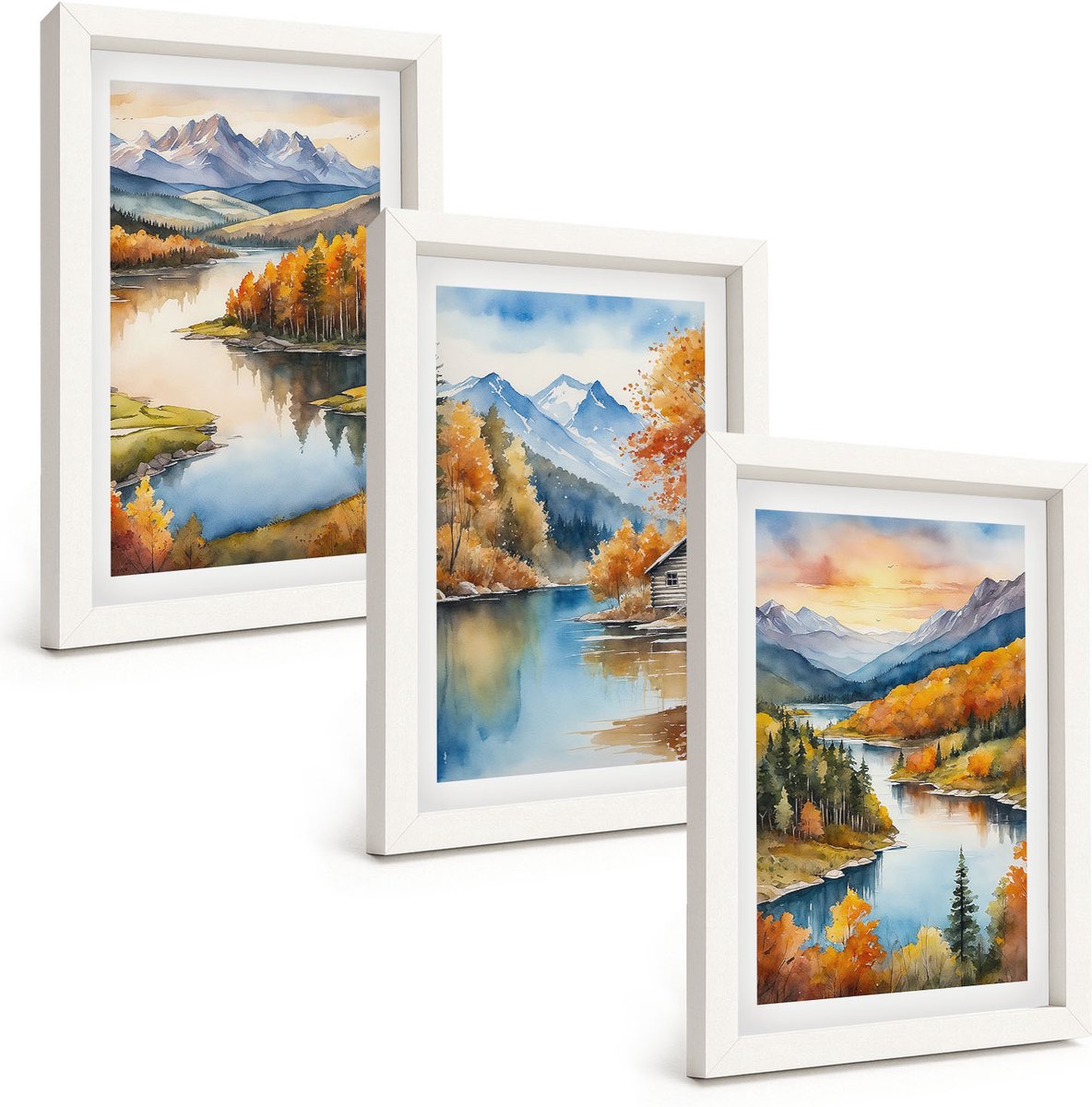 Wallfluent 3-Delige Schilderij Set - Herfstlandschap In De Bergen Met Een Rivier En Een Huisje Aan Het Water. - 20 x 30 - Decoratieve Muurdecoratie - Slaapkamer - Interieur Decoratie