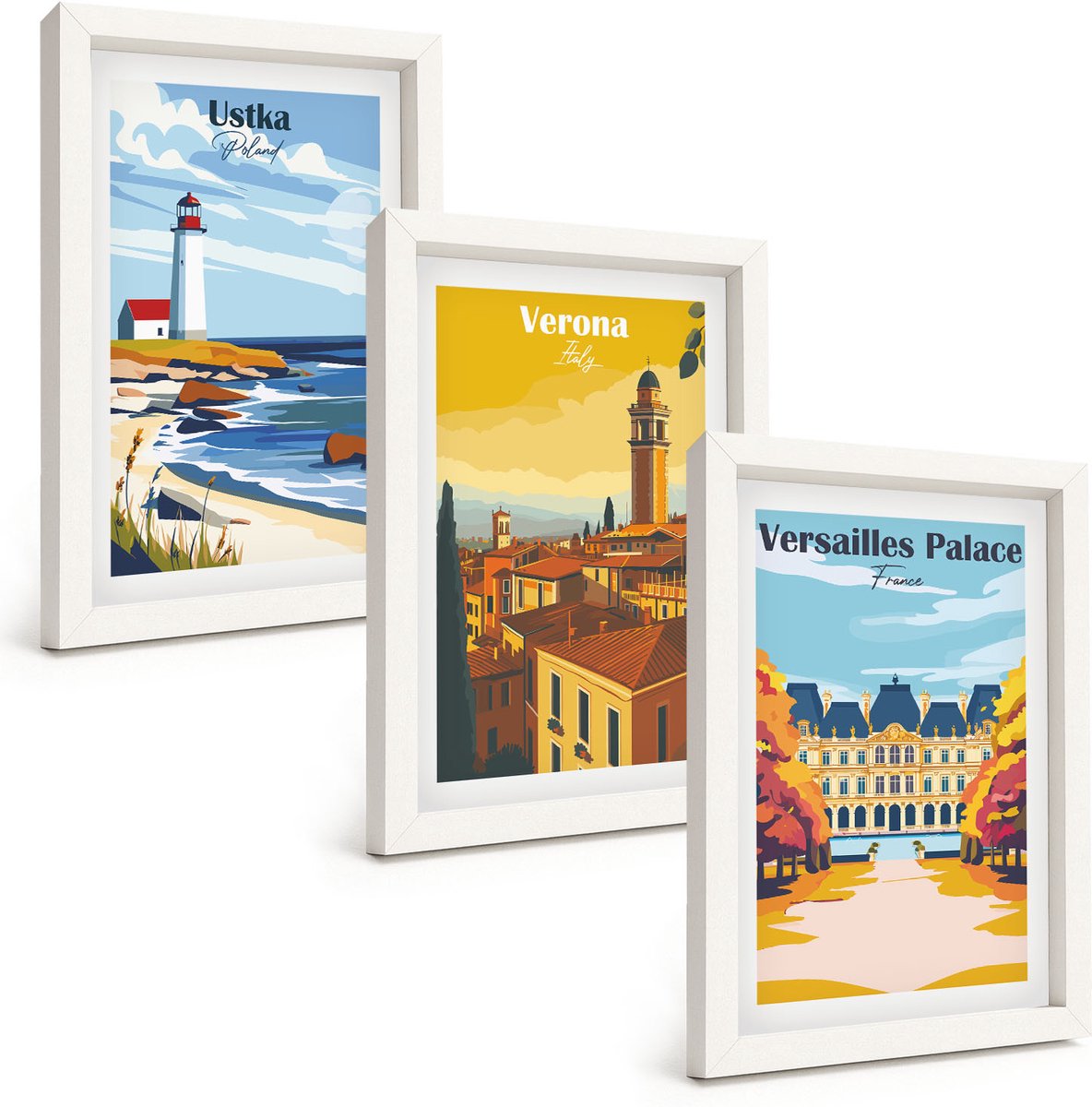 Wallfluent 3-Delige Schilderij Set - Uitzichten Op Beroemde Plekken Aan Zee En In Steden - 20 x 30 - Wanddecoratie - Woonkamer Decoratie - Stijlvolle Muurdecoratie