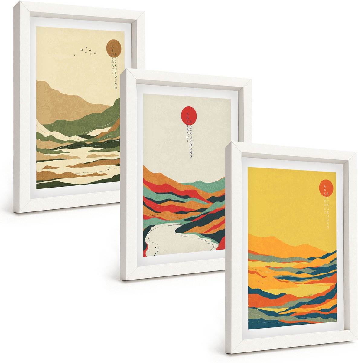 Wallfluent 3-Delige Schilderij Set - Kleurrijke Patronen Van Bergen En Rivieren In Japandi-Stijl - 20 x 30 - Wanddecoratie - Muurdecoratie - Woonkamer