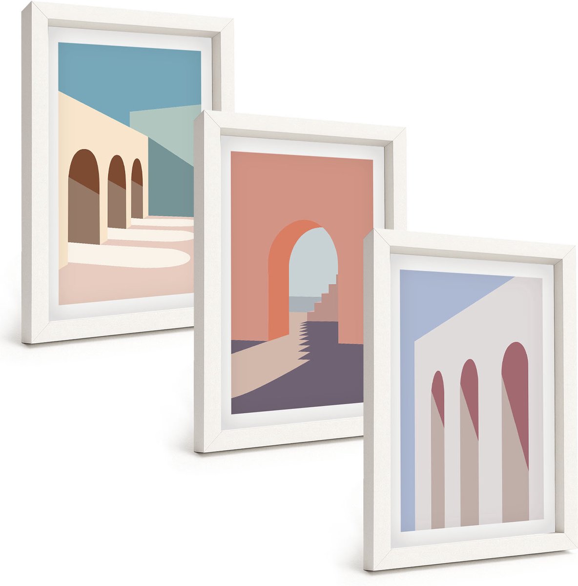 Wallfluent 3-Delige Schilderij Set - Pastel Minimalistische Stedelijke Architectuurafbeeldingen - 20 x 30 - Stijlvolle Muurdecoratie - Slaapkamer - Interieur Decoratie
