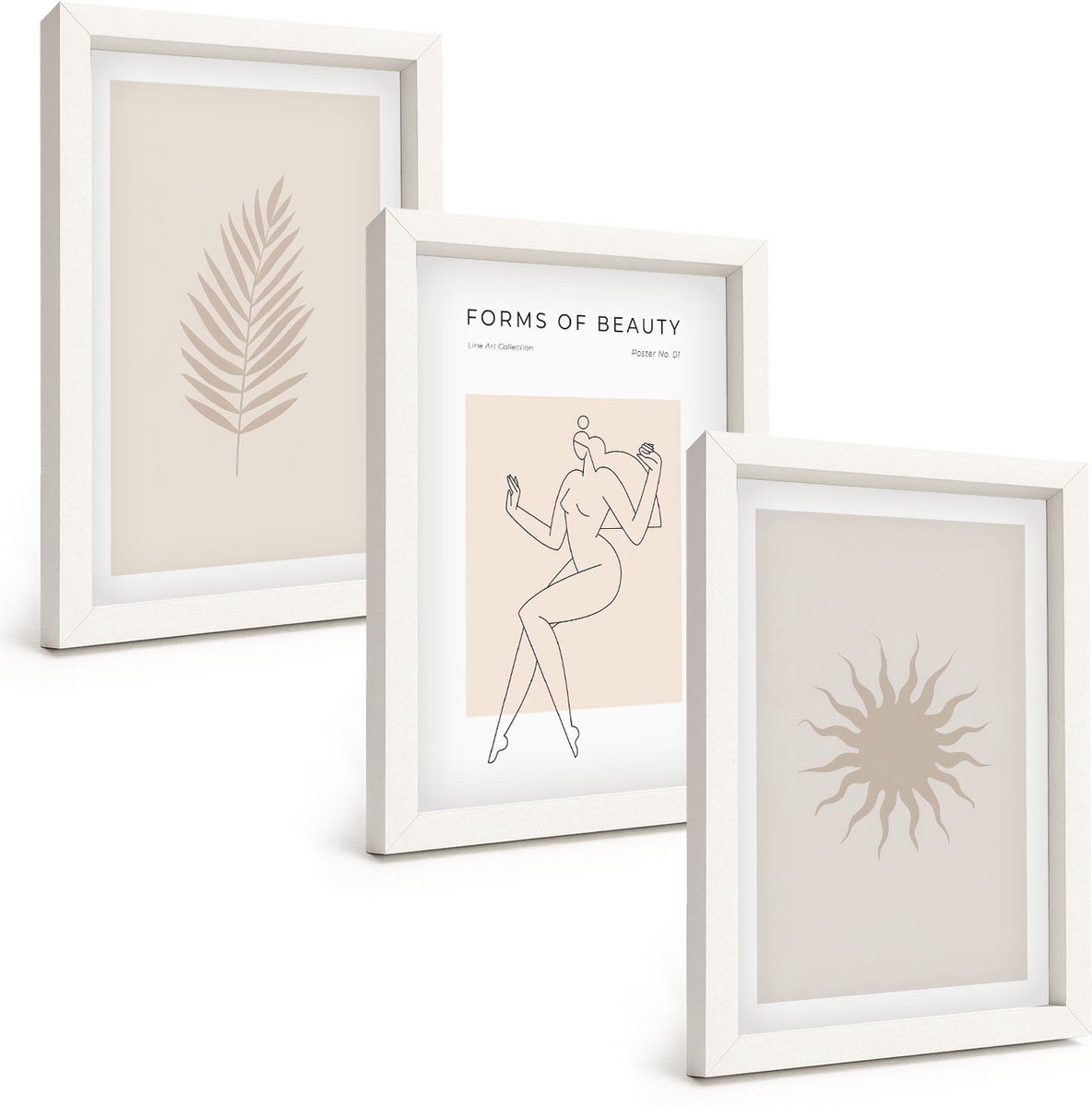 Wallfluent 3-Delige Schilderij Set - Een Verzameling Minimalistische Vormen En Natuurlijke Figuren - 20 x 30 - Wanddecoratie - Muurdecoratie - Woonkamer