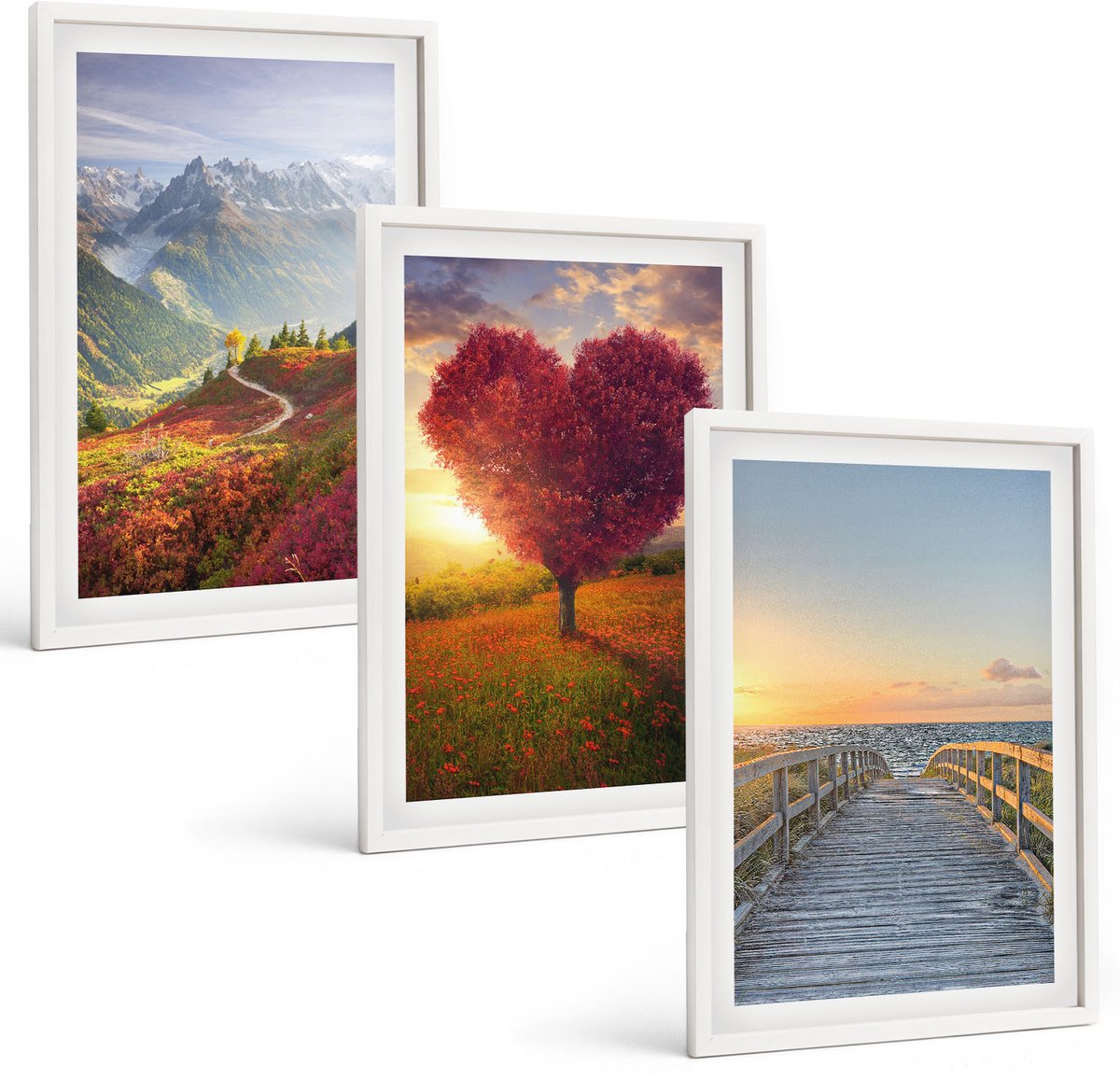 Wallfluent 3-Delige Schilderij Set - Berglandschappen Hartvormige Boompier - 40 x 60 - Moderne Wanddecoratie - Woonkamer - Woonkamer Decoratie