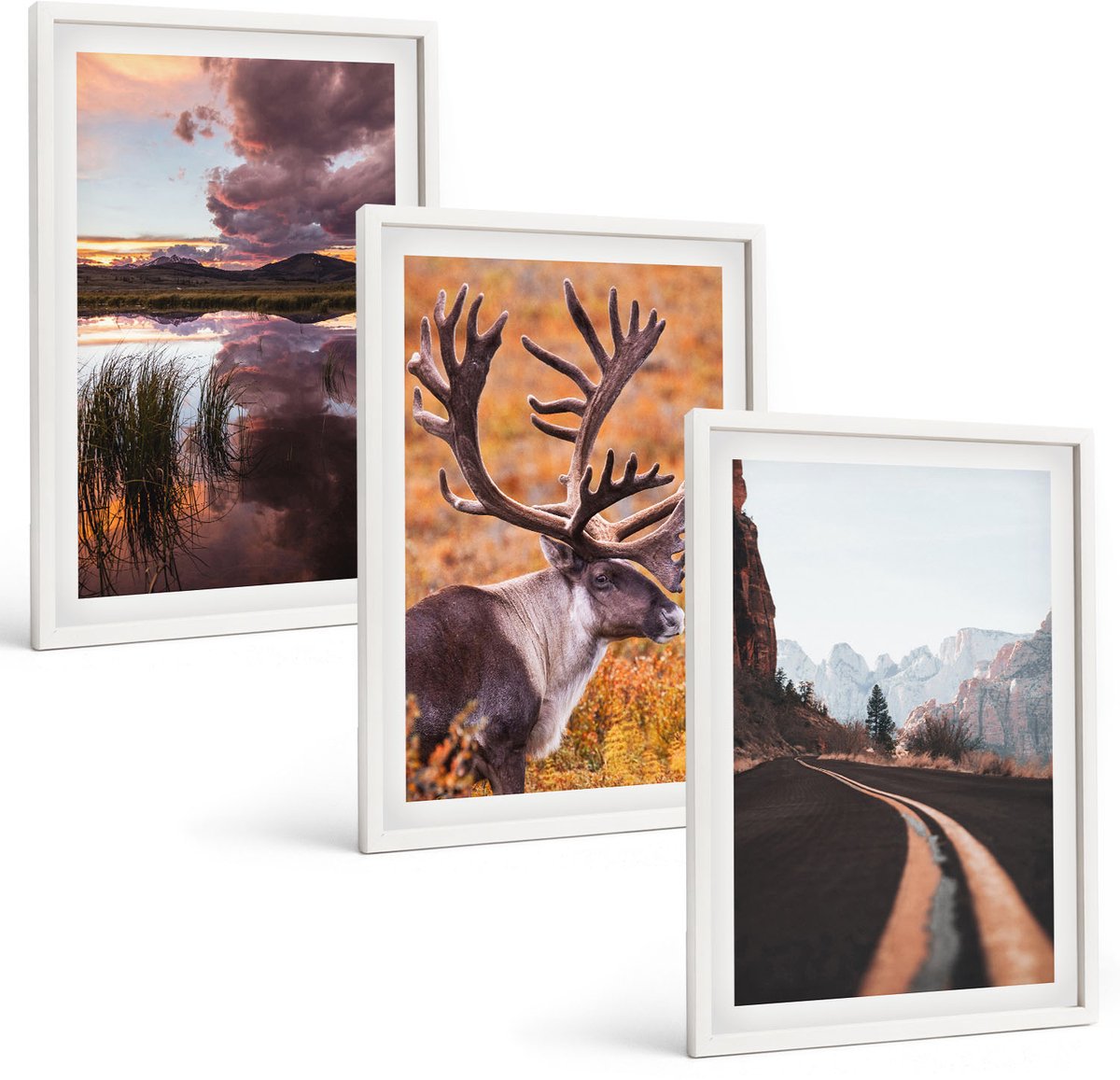 Wallfluent 3-Delige Schilderij Set - Berglandschappen Met Rendieren En Een Weg In De Natuur - 40 x 60 - Moderne Wanddecoratie - Slaapkamer - Woonkamer Decoratie