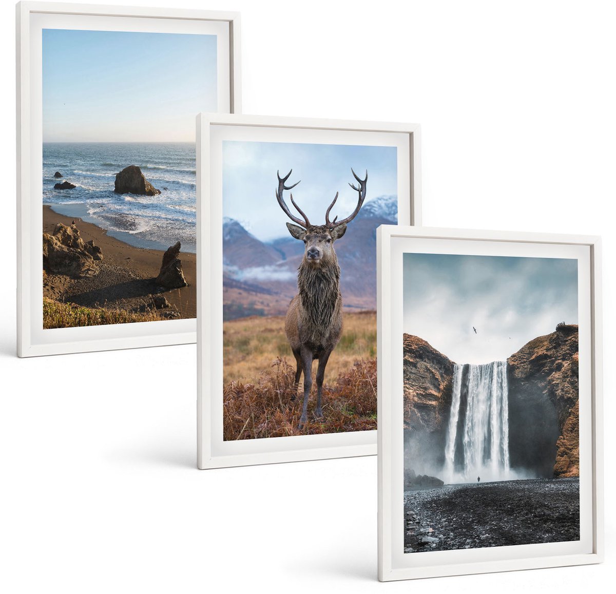 Wallfluent 3-Delige Schilderij Set - Berglandschappen Met Waterval, Herten En Strand - 40 x 60 - Muurdecoratie - Decoratieve Schilderijen - Wohnzimmer - Interieur Decoratie