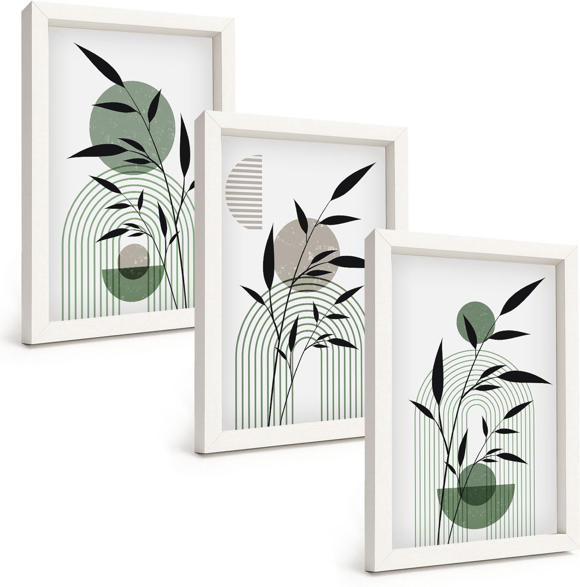 Wallfluent 3-Delige Schilderij Set - Abstracte Plantencomposities In Boho-Stijl - 20 x 30 - Wanddecoratie - Schilderijen Set - Kantoor - Decoratieve Schilderijen