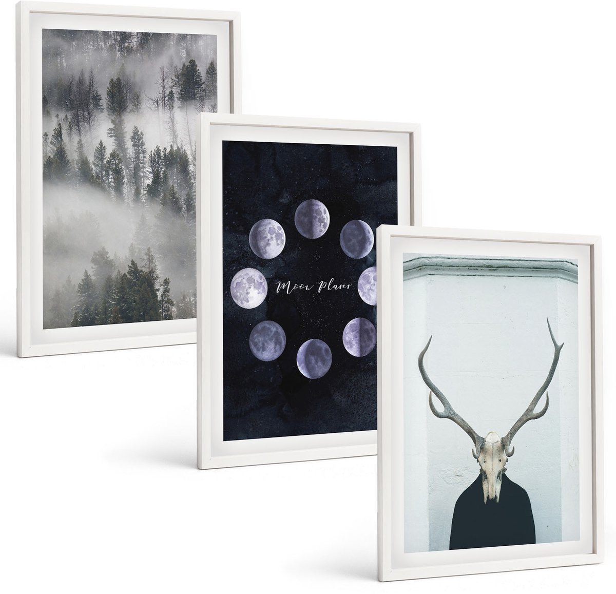 Wallfluent 3-Delige Schilderij Set - Boslandschap In De Mist Maanfasen Hertenschedel - 40 x 60 - Wanddecoratie - Moderne Interieurdecoratie - Interieur Decoratie